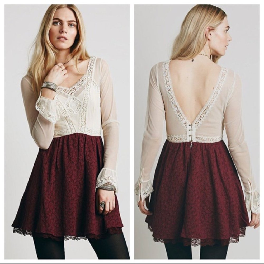 Free People V for Victoria cream merlot lace dress